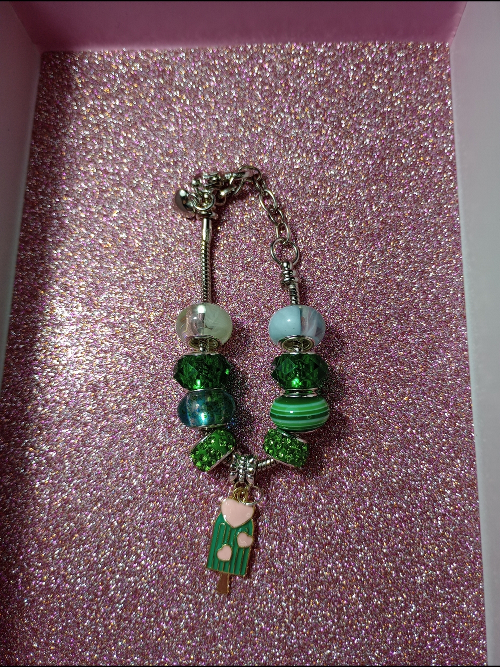 Pandora Style Green Beaded Charm Bracelet with Popsicle Pendant